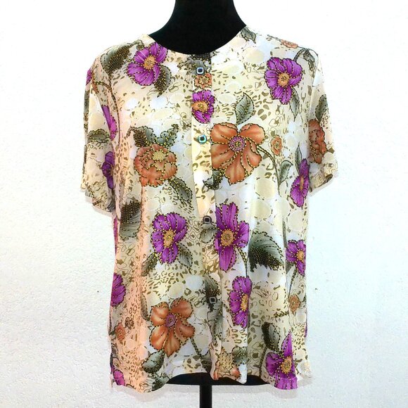Purple/orange/beige shiny floral T-shirt, with golden glitters details - Picture 2 of 7